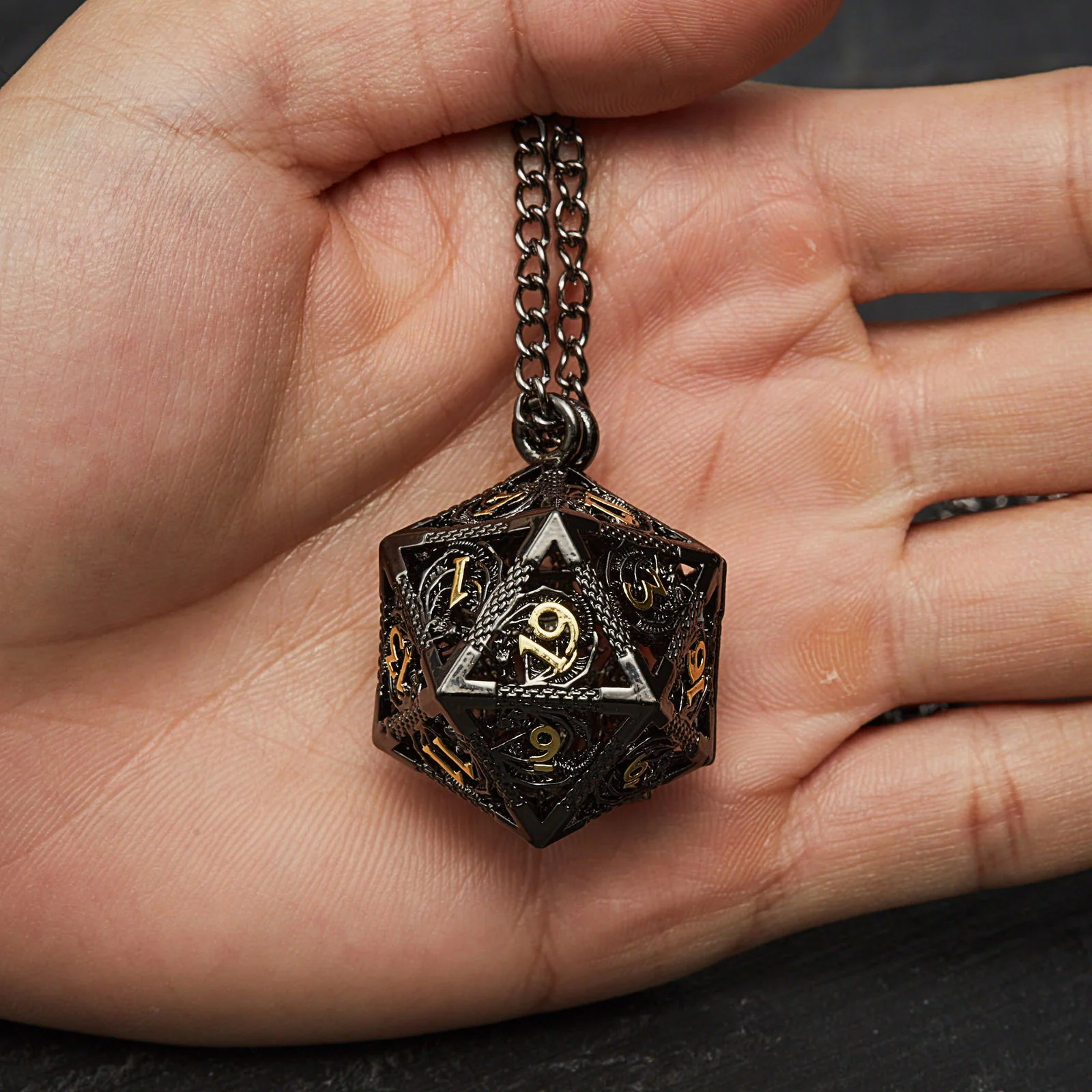 Micro Mini Metal DnD D&D Dice Set Black D20 Dice Cage Necklace - Image 3