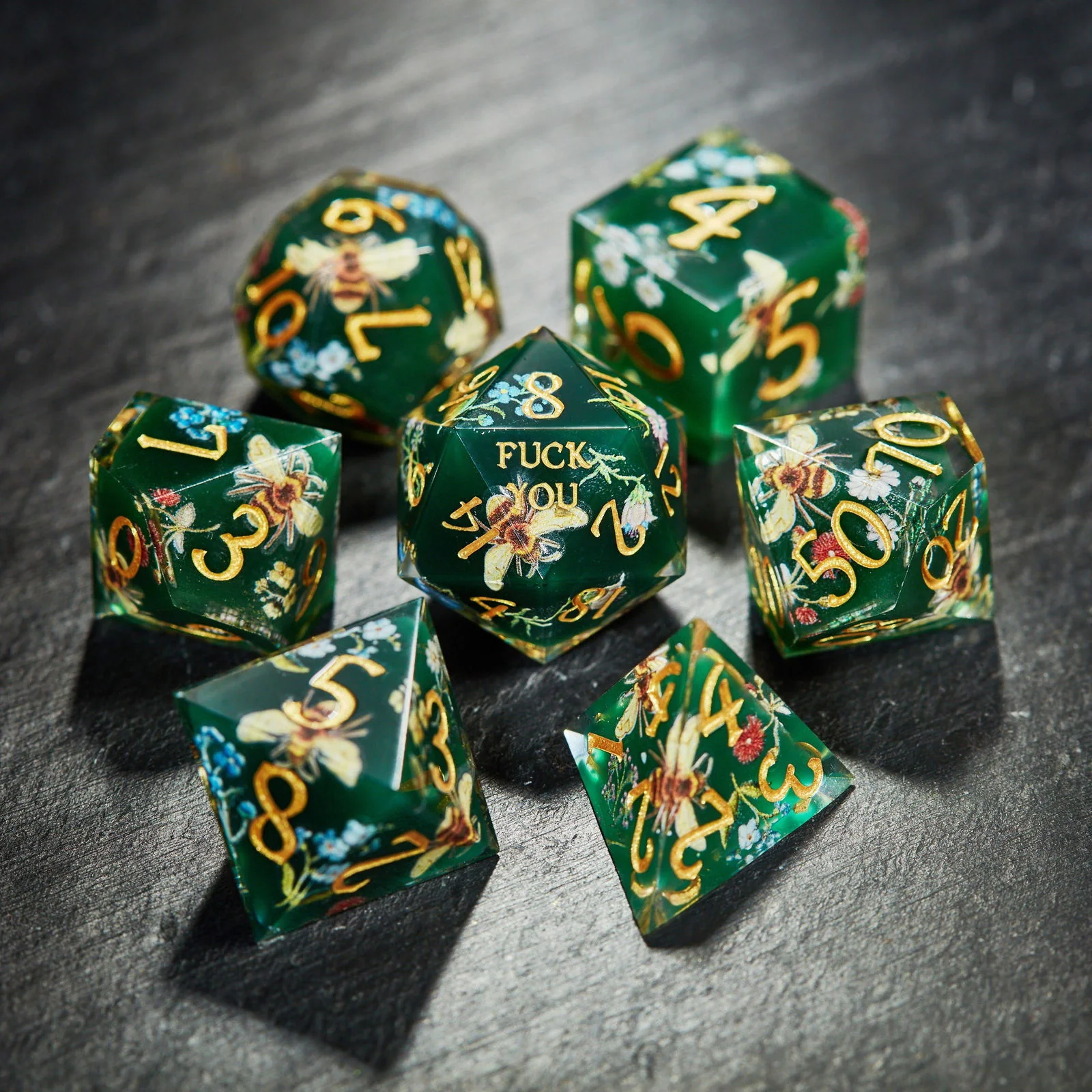 Honey Bee and Flowers Resin DnD D&D F Word Dice Set - Image 4