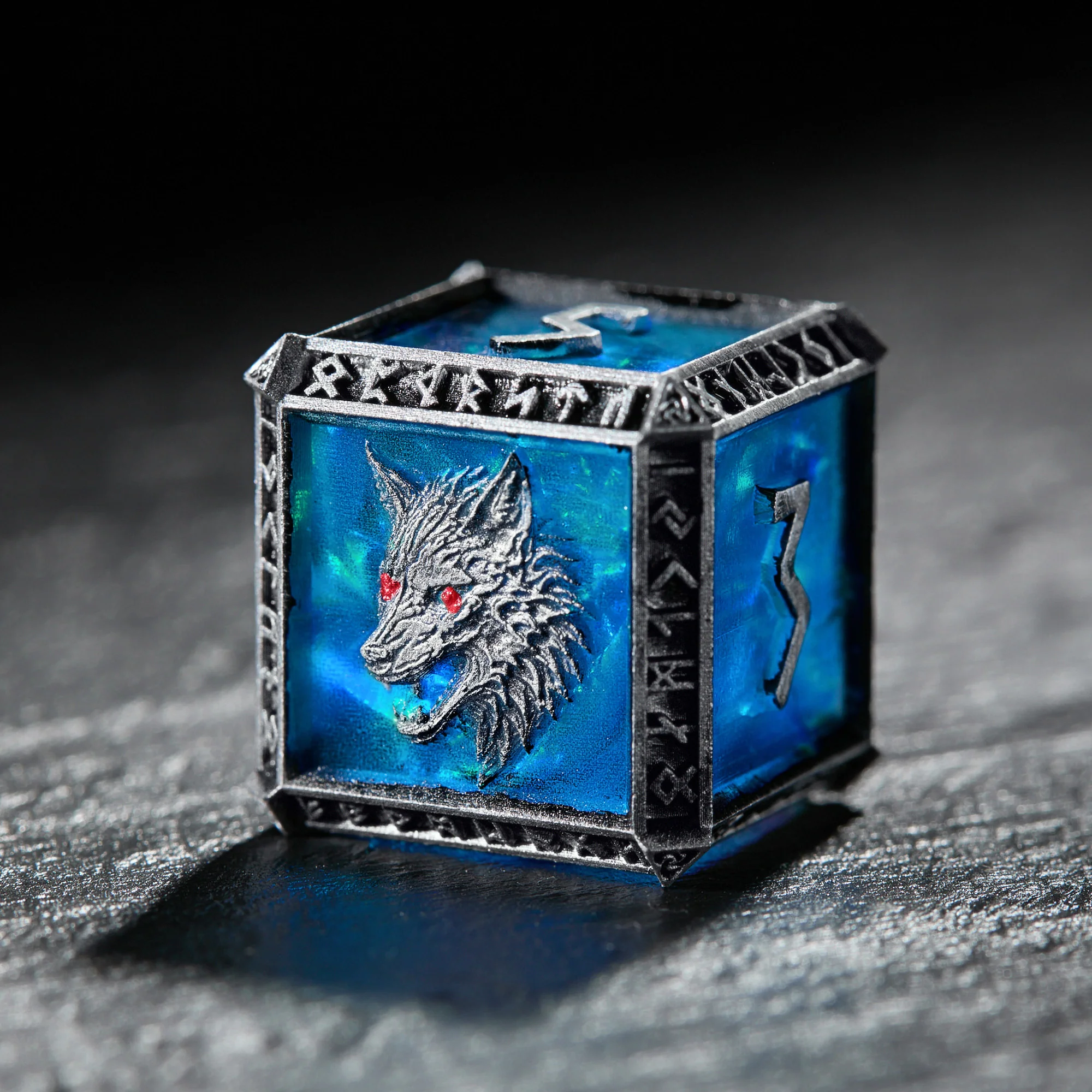 Imitating Metal Viking Rune Frame Blue Glitter Resin Wolf Dice - Image 3