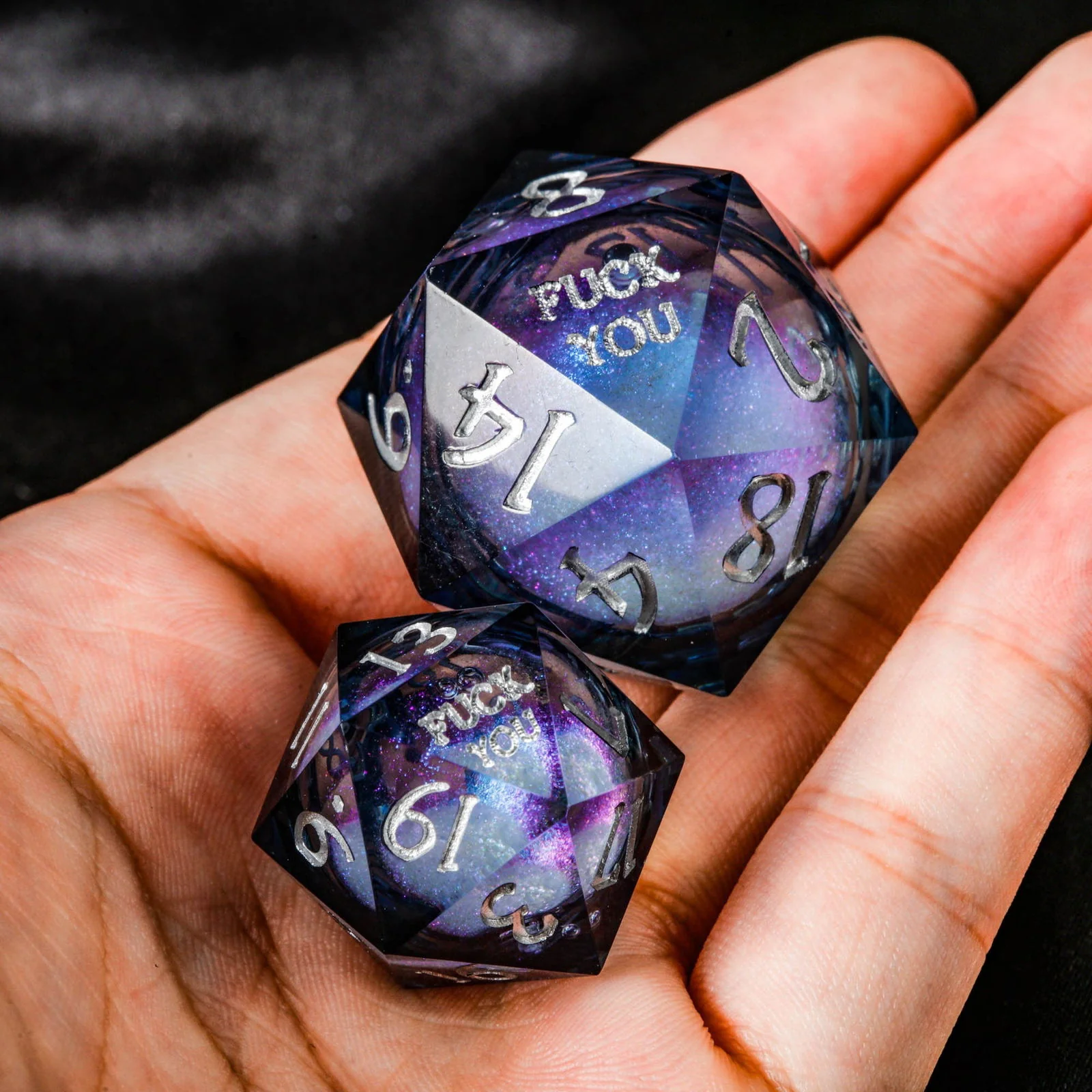 Dark Blue Liquid Core Resin Galaxy Dice F Word DnD D&D Dice Chonk D20 - Image 4