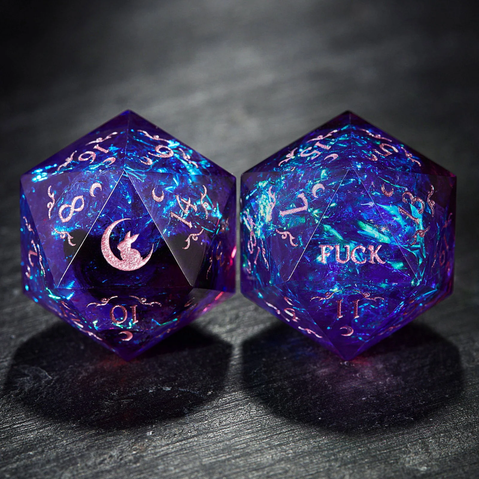 Purple Glitter Galaxy Antler Moon Motif All Bunny Resin DnD D&D Dice Set - Image 3