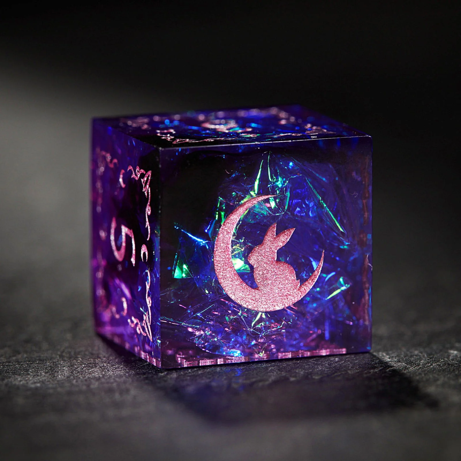 Purple Glitter Galaxy Antler Moon Motif All Bunny Resin DnD D&D Dice Set - Image 4