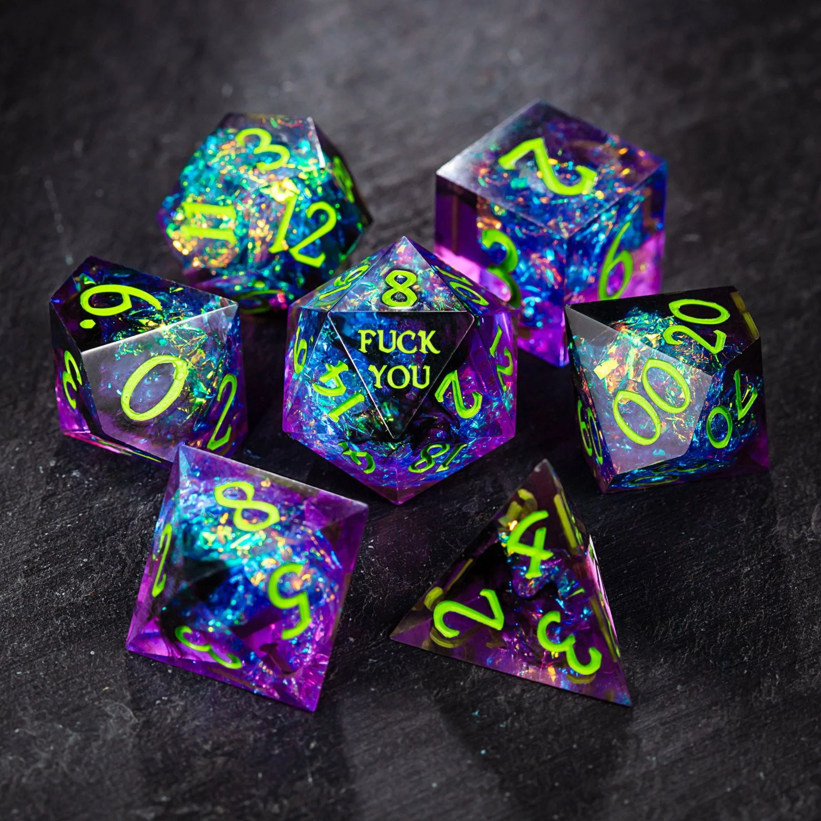 Purple Glitter Galaxy F Word Resin DnD D&D Dice Set - Image 3