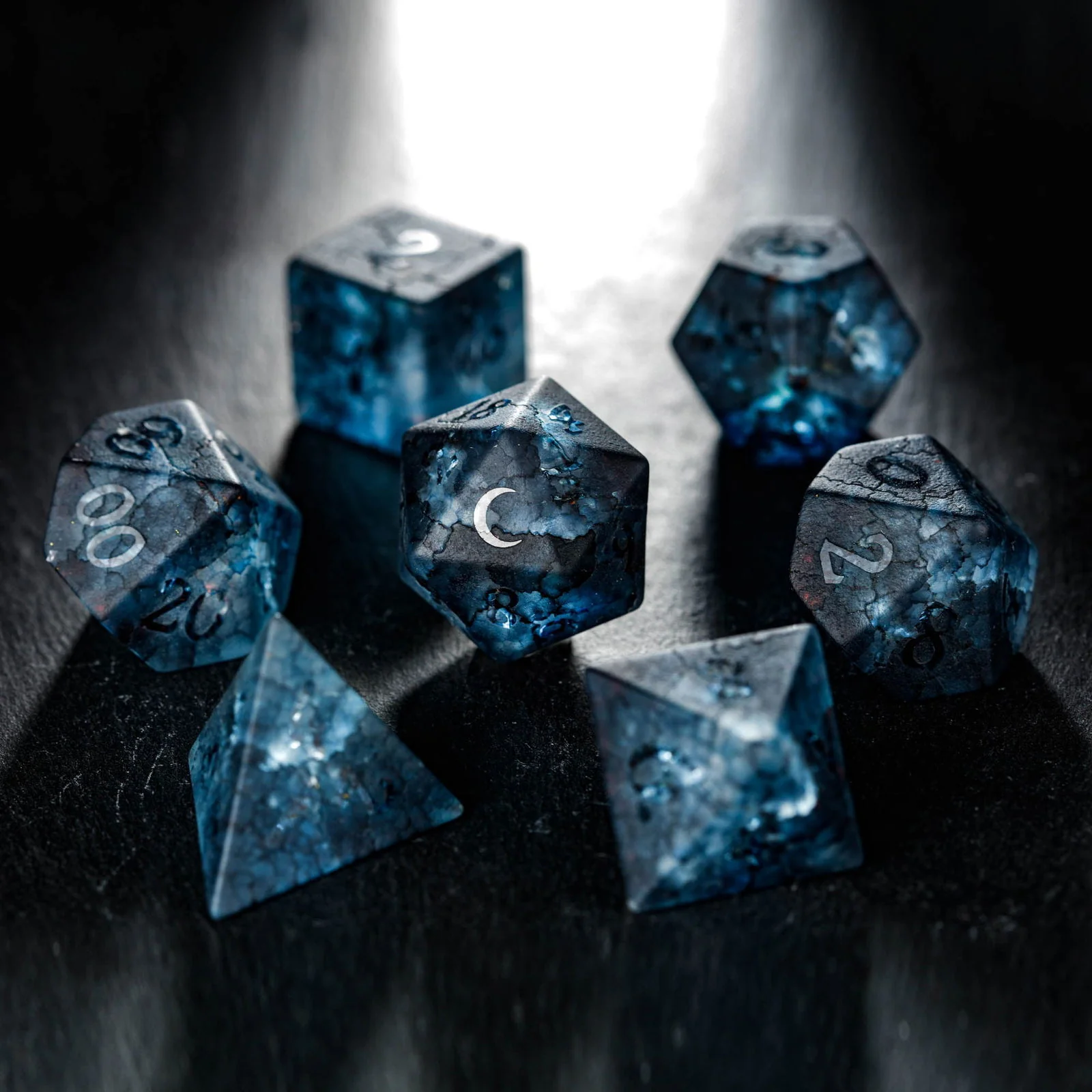 Raised Dark Blue Lightning Glass Moon DnD D&D Dice Set - Image 4