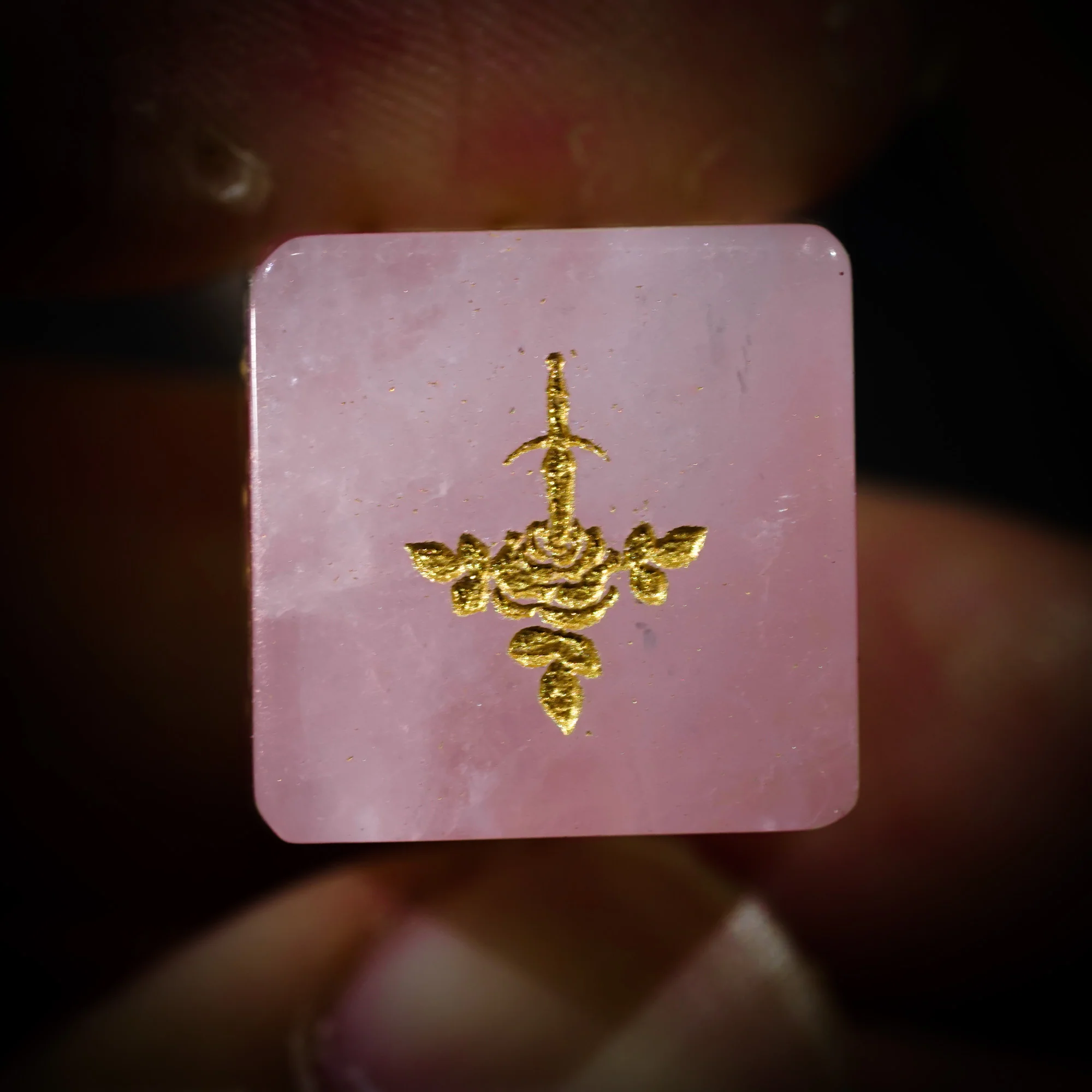 Rose Quartz Gemstone Rogue Rose Motif DnD D&D Dice Set - Image 3