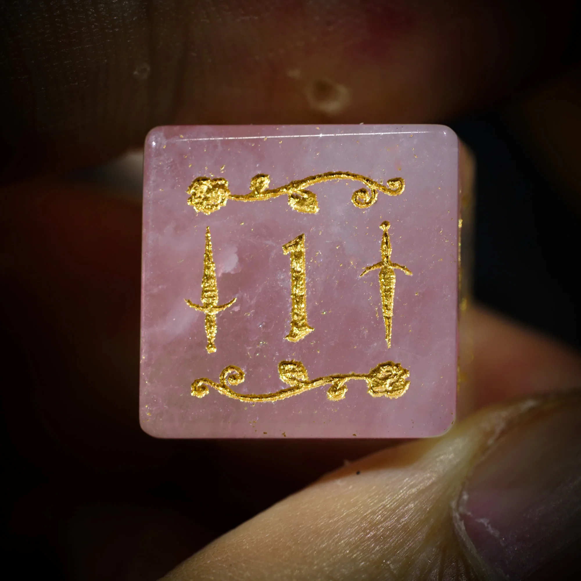 Rose Quartz Gemstone Rogue Rose Motif DnD D&D Dice Set - Image 4