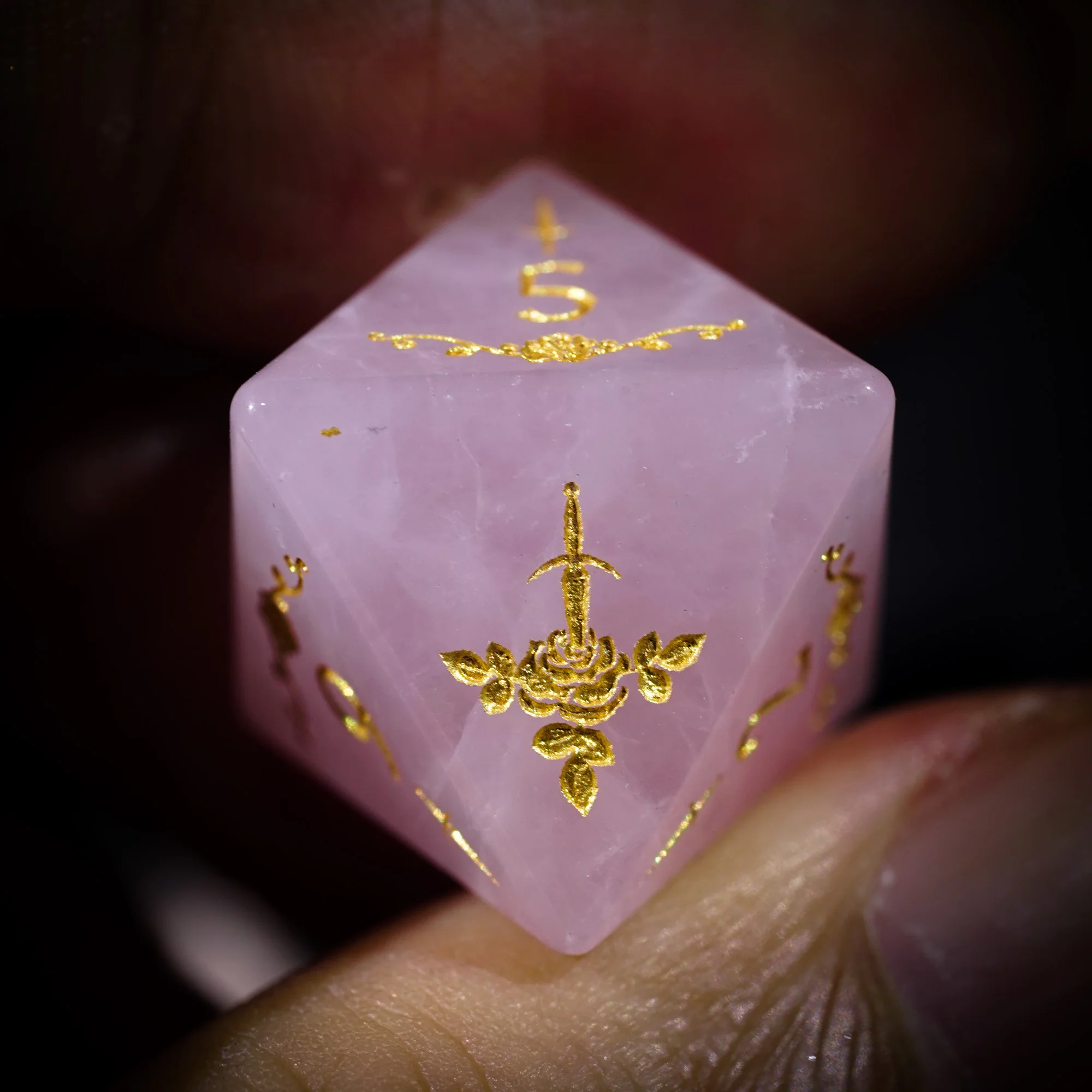 Rose Quartz Gemstone Rogue Rose Motif DnD D&D Dice Set - Image 7