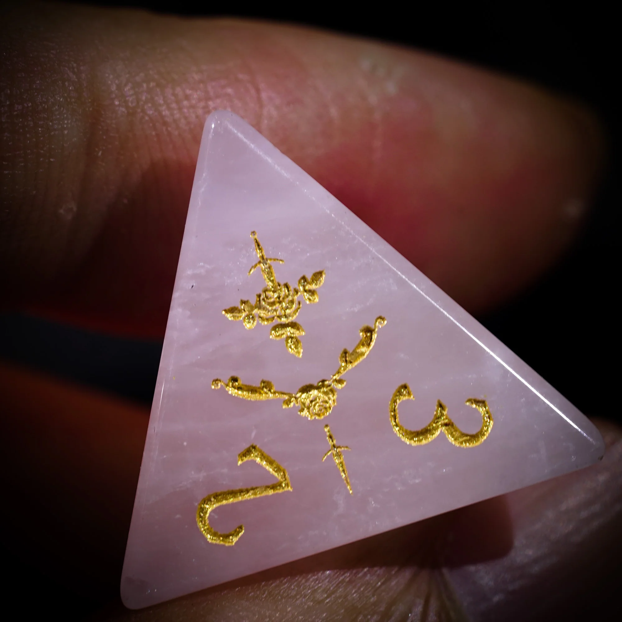 Rose Quartz Gemstone Rogue Rose Motif DnD D&D Dice Set - Image 9