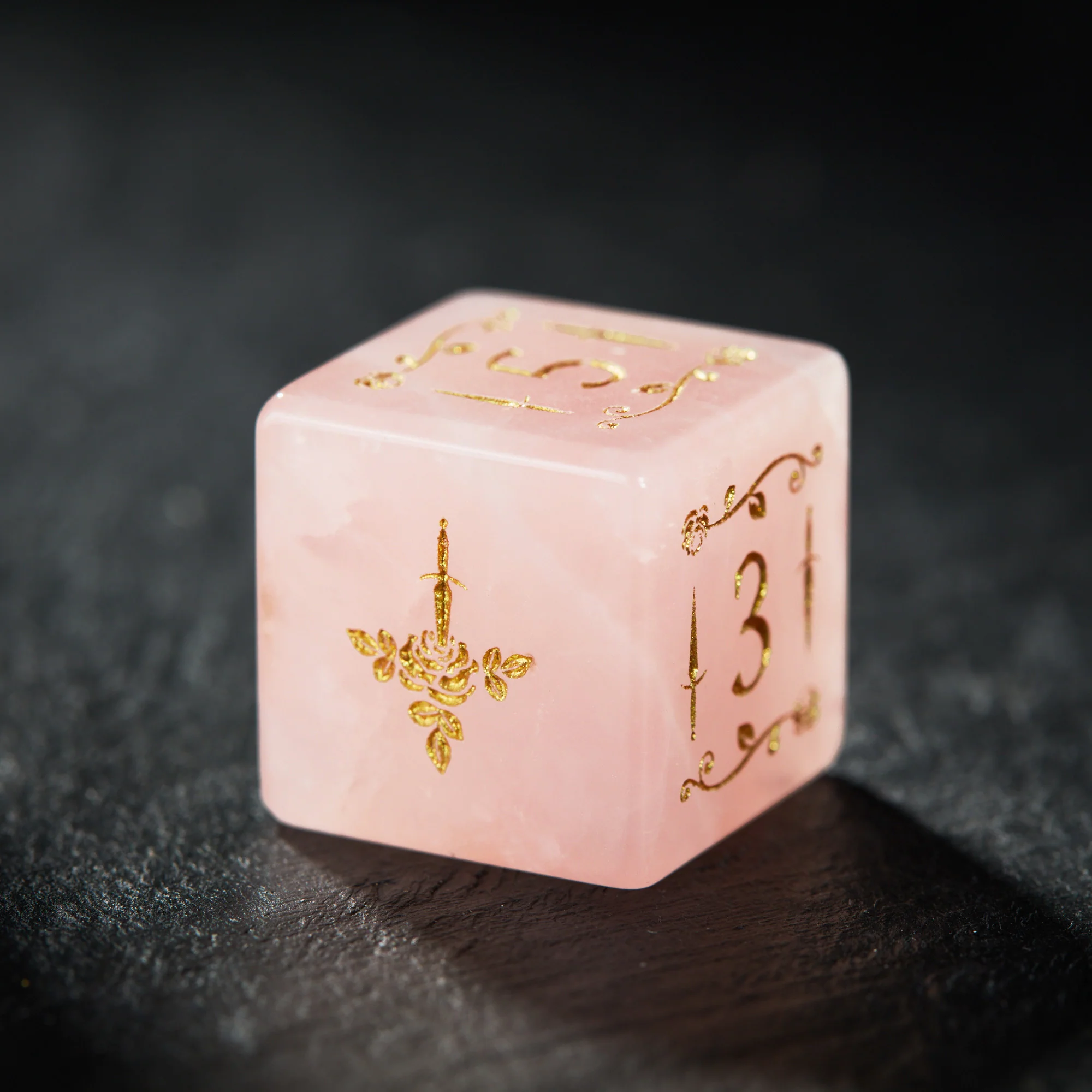 Rose Quartz Gemstone Rogue Rose Motif DnD D&D Dice Set - Image 3