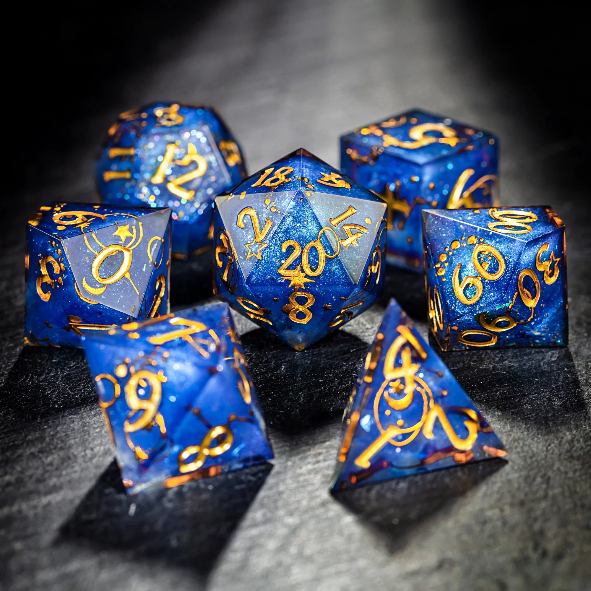 Sapphire Blue Astrology Resin DnD D&D Dice Set - Image 3