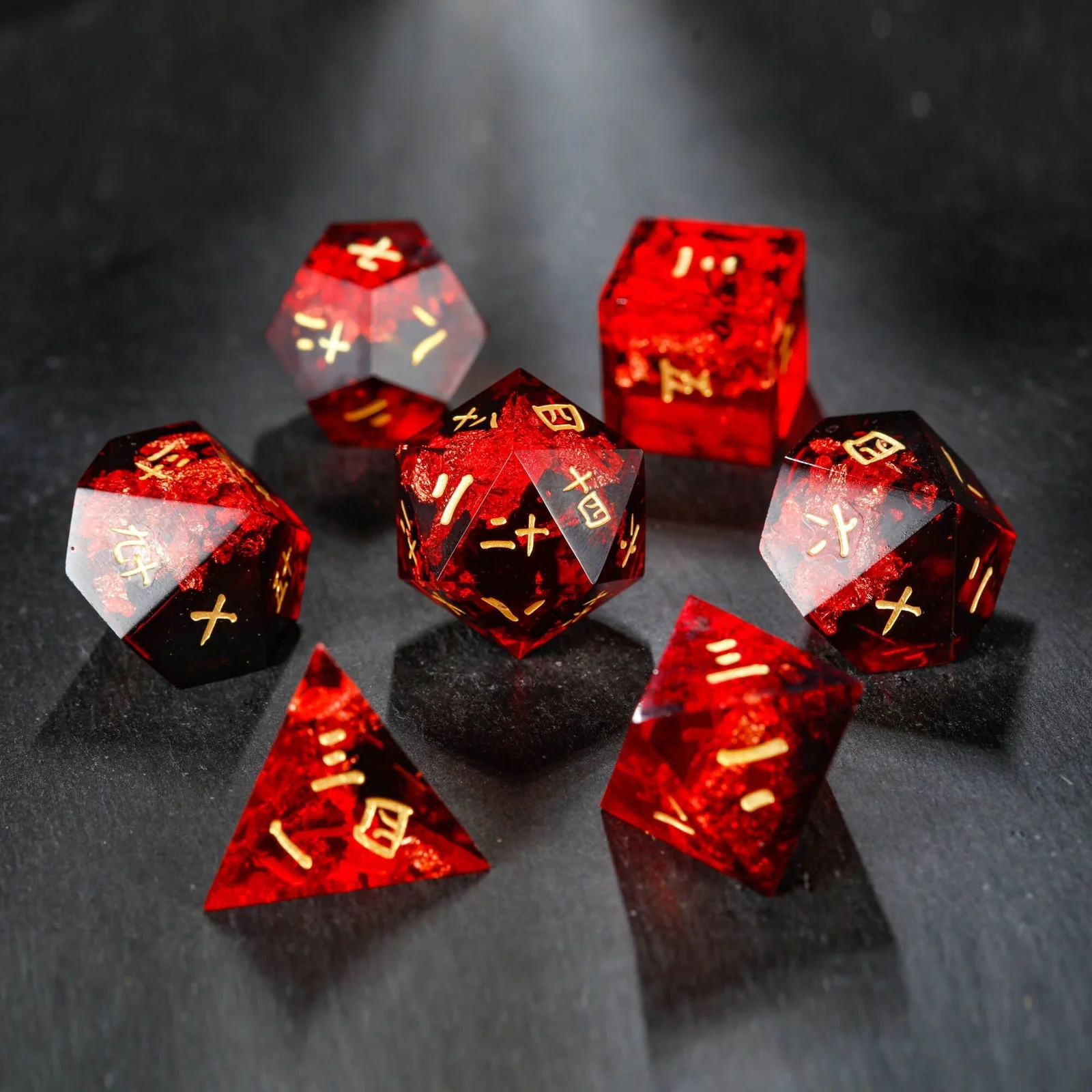 Black Red Resin Kanji DnD D&D Dice Set - Image 4