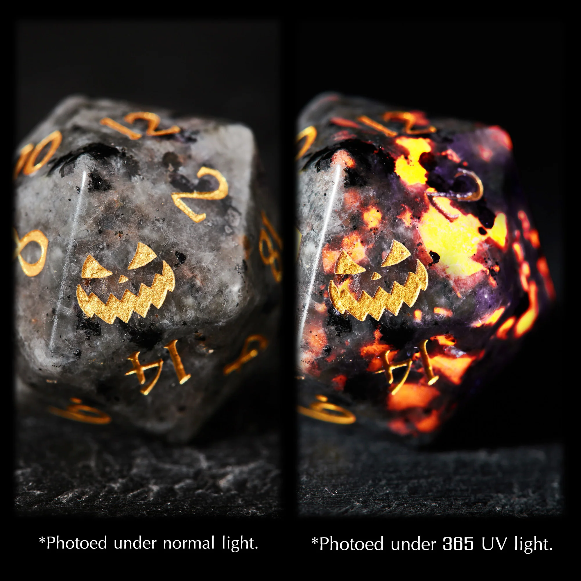 Yooperlite UV Reactive Gemstone Halloween Pumpkin DnD D&D Dice Set - Image 6